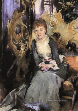  Front Kunst - Miss Reubel sitzt vor einem Screen Porträt John Singer Sargent